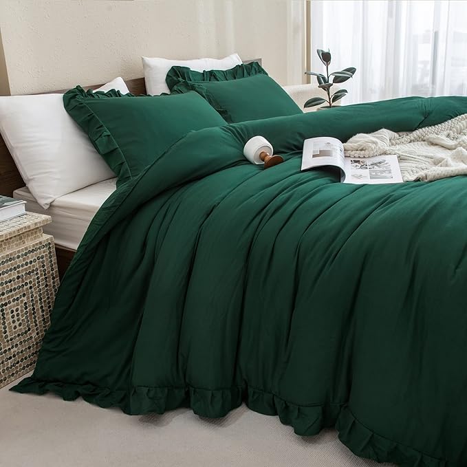 Andency Dark Emerald Green Comforter Set King, 3 Pieces Lightweight Ruffle Bedding Comforter Sets, Farmhouse Ruffle Bed Comforter Set, Lightweight and Soft Bedding Comforter for All Seasons - LeafyLoom