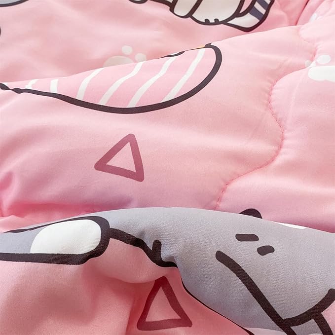 7 Piece Girls Cat Comforter Set Full Size Bed in A Bag Pink Cute Cartoon Pet Cats Bedding Set for Kids Boys Teens (1 Comforter, 1 Flat Sheet, 1 Fitted Sheet, 4 Pillow Sham) Gray - LeafyLoom