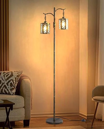 Industrial Floor Lamp,Vintage Dimmable Floor Lamp,2 Classical Lanterns Standing Lamp, Rustic Farmhouse Floor Lamp with Bronze Gold Finish, for Living Room Bedroom (Bronze) - LeafyLoom