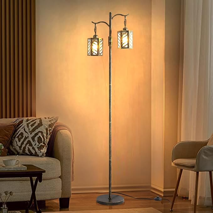 Industrial Floor Lamp,Vintage Dimmable Floor Lamp,2 Classical Lanterns Standing Lamp, Rustic Farmhouse Floor Lamp with Bronze Gold Finish, for Living Room Bedroom (Bronze) - LeafyLoom