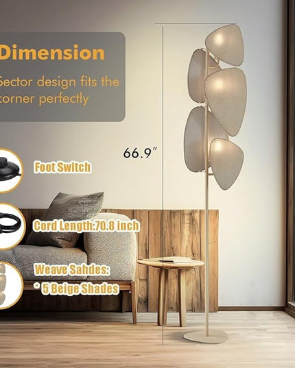 WOXXX Floor Lamp,Floor Lamps for Living Room,Modern Floor Lamp for Bedroom Office,Boho Corner Floor Lamp with 5 Weave Shades,Reading Tall Lamp Standing Lamp,Minimalist Unique Tree Floor Lamp(Beige) - LeafyLoom