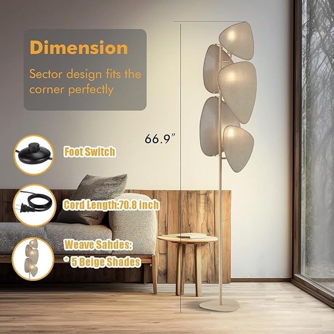 WOXXX Floor Lamp,Floor Lamps for Living Room,Modern Floor Lamp for Bedroom Office,Boho Corner Floor Lamp with 5 Weave Shades,Reading Tall Lamp Standing Lamp,Minimalist Unique Tree Floor Lamp(Beige) - LeafyLoom