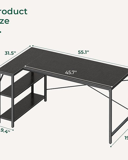 L Shaped Desk, 55 Inches Computer Desk with Reversible Storage Shelves, Gaming Desk, Corner Desk Home Office Desks, Writing Desk Study Desk with Metal Frame, Black - LeafyLoom