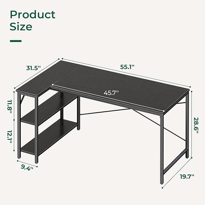 L Shaped Desk, 55 Inches Computer Desk with Reversible Storage Shelves, Gaming Desk, Corner Desk Home Office Desks, Writing Desk Study Desk with Metal Frame, Black - LeafyLoom