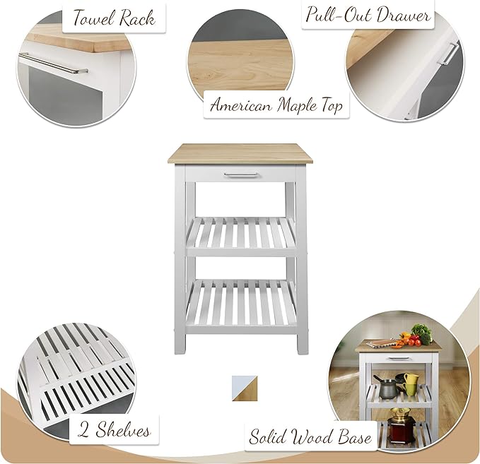 American Trails Sunrise American Kitchen Island, Natural Maple Top, White Base (New) - LeafyLoom