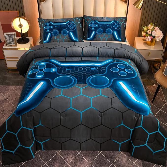 NTBED Game Console Comforter Set for Boys Girls Kids 3D Gaming Geometric Lightweight Microfiber Bedding Sets (blue, Queen) - LeafyLoom