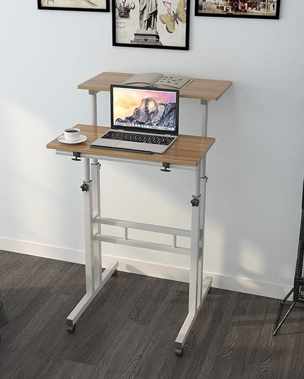 sogesfurniture Mobile Standing Desk Laptop Workstation on Wheels, Adjustable Computer Desk for Standing or Sitting, Oak 101-OK - LeafyLoom