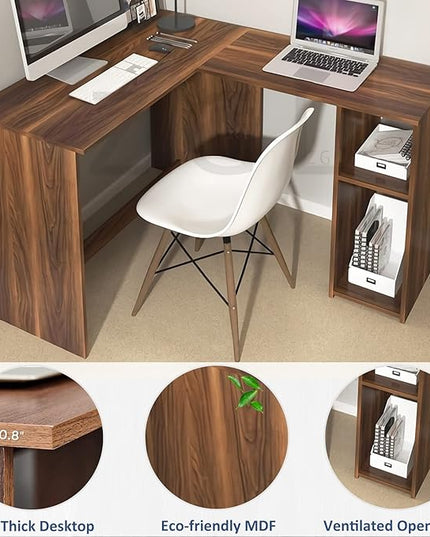 FurnitureR 47.2-Inch L-Shaped Computer Desk Home Office Study Writing Corner Gaming Table Retro Design Work Station Space-Saving for Study Room Bedroom, Walnut - LeafyLoom