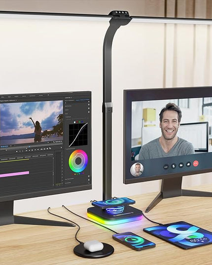 Black Desk Lamp for Office Gaming,Double Head Light for Home＆Office，Adjustable Light Mode and Brightness，Adjustable Height＆Angle in Metal Polwith Wireless Charger＆2 USB and 1 Type-c Ports - LeafyLoom