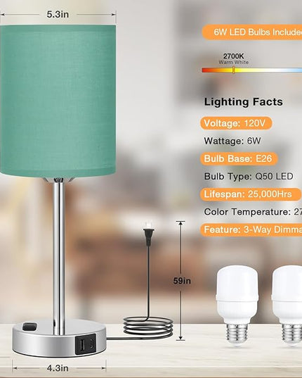 Green Bedside Table Lamps for Bedroom Set of 2 - Touch Nightstand Lamp with USB-A+C Charging Ports & AC Outlet - 3 Way Dimmable Small Desk Lamp White for Office, Living Room, Reading - LeafyLoom