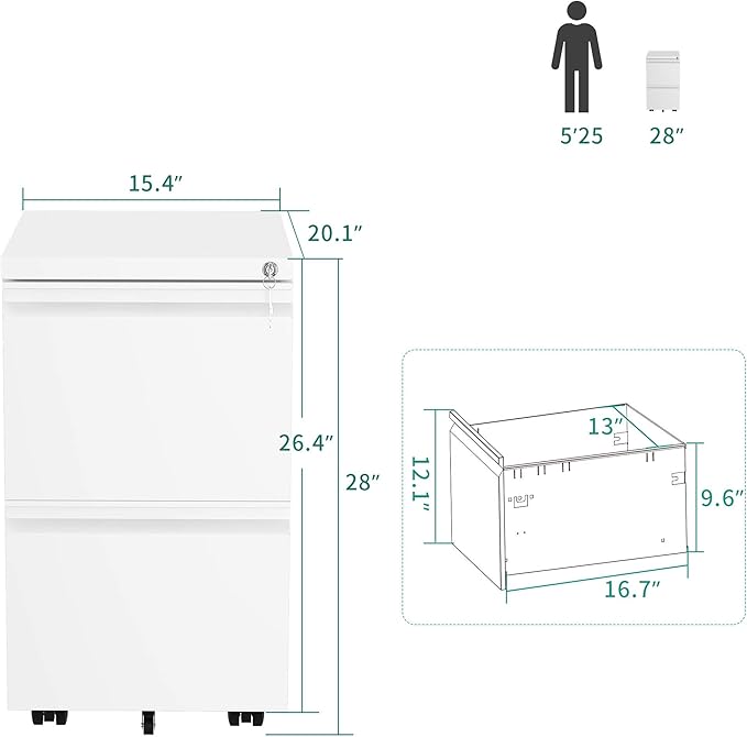 YITAHOME 2-Drawer Vertical File Cabinet with Lock, 20” Deep Mobile Metal Filing Cabinet for Legal/Letter Size, 20” Height Pre-Built Office Storage File Cabinet Except Wheels Under Desk - White - LeafyLoom