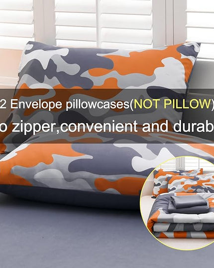 Meeting Story Kids Camo Bedding Set, Army Camouflage Bedding Twin Comforter Set for Boys Girls Teens Bedroom Decoration (Orange, Twin 5Pcs) - LeafyLoom