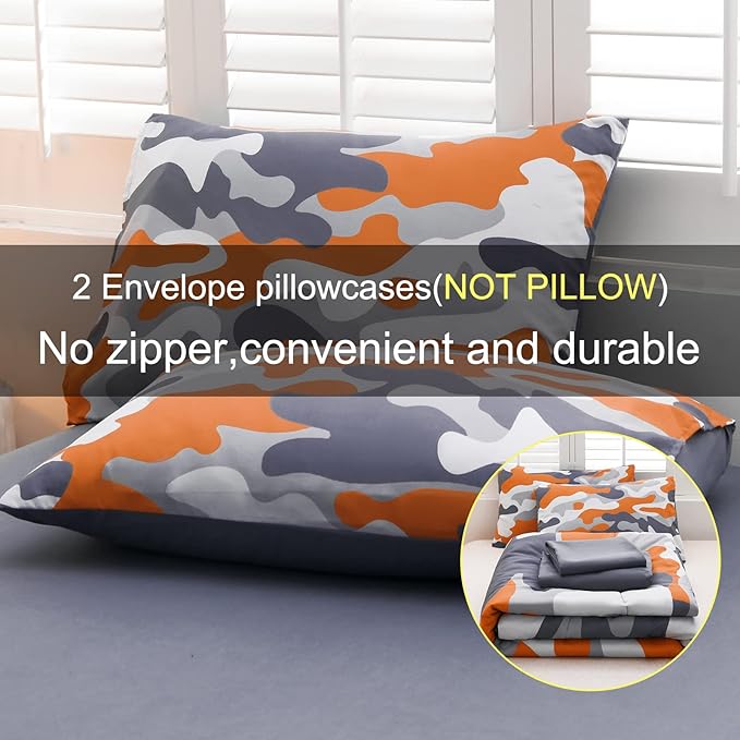 Meeting Story Kids Camo Bedding Set, Army Camouflage Bedding Twin Comforter Set for Boys Girls Teens Bedroom Decoration (Orange, Twin 5Pcs) - LeafyLoom