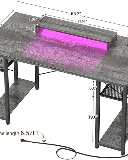 armocity Computer Desk with LED Lights, 55 Inch Desk with Power Outlet and USB, Reversible Large Desk with Moveable Monitor Stand, 55.2'' Gaming PC Table for Home Office, Workstation, Grey - LeafyLoom