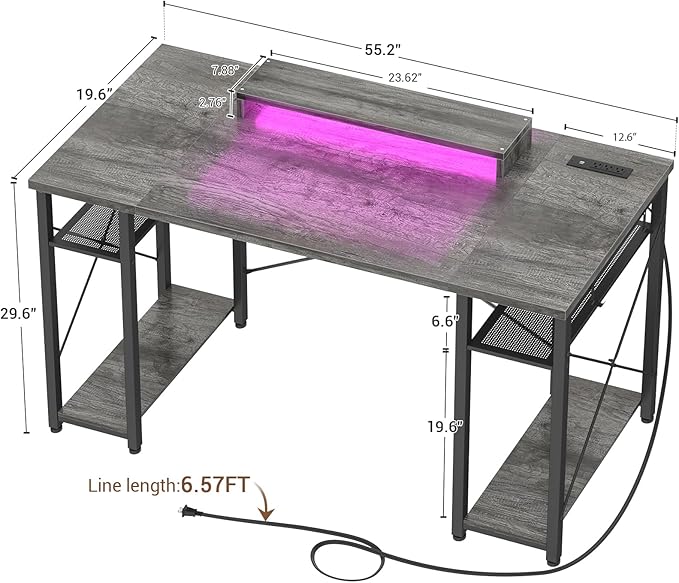 armocity Computer Desk with LED Lights, 55 Inch Desk with Power Outlet and USB, Reversible Large Desk with Moveable Monitor Stand, 55.2'' Gaming PC Table for Home Office, Workstation, Grey - LeafyLoom