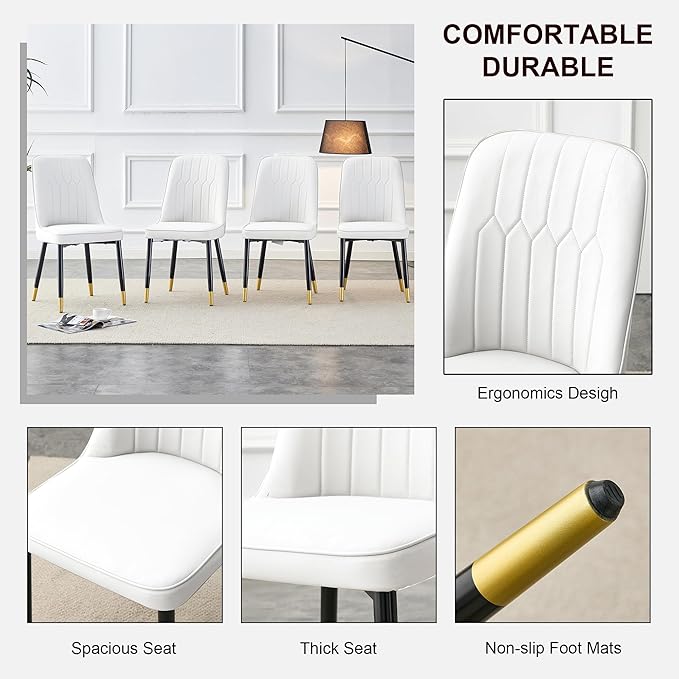 Modern Set of 4, Faux Leather Dining PU Upholstered White Kitchen Chairs with Black Golden Metal Legs for Home Living Room, Restaurant, 4 Piece - LeafyLoom