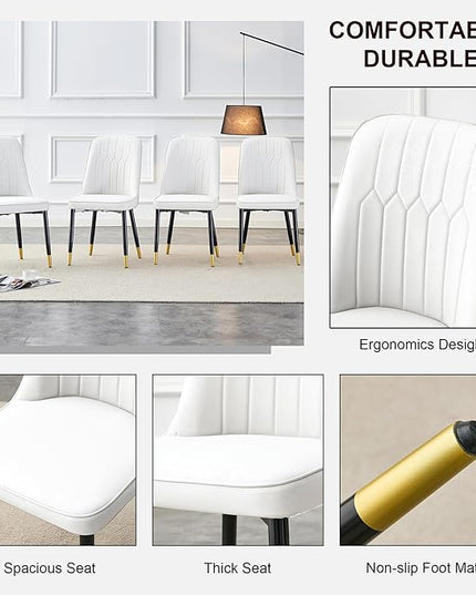 Modern Set of 2, Faux Leather Dining PU Upholstered White Kitchen Chairs with Black Golden Metal Legs for Home Living Room, Restaurant, 2 Piece - LeafyLoom