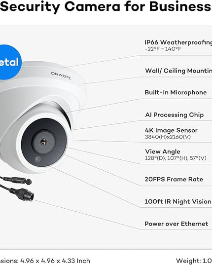 ONWOTE 4K 8MP UltraHD PoE IP Security Camera, AI Human Vehicle Detection, 3840x2160 8 Megapixels, 128° FoV, Video Audio, Indoor Outdoor, Commercial Wired Camera for Business, Add-on to PoE NVR System ONWOTE
