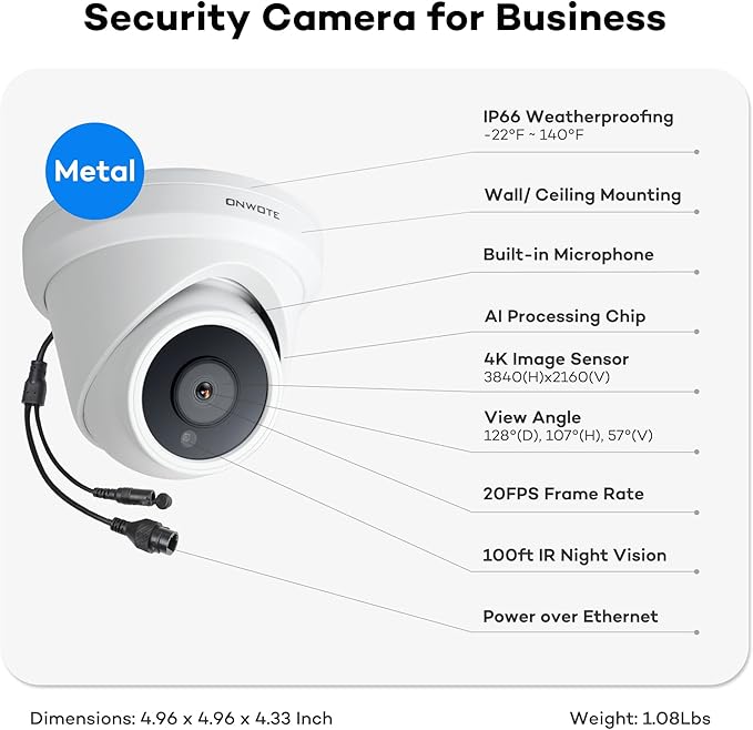 ONWOTE 4K 8MP UltraHD PoE IP Security Camera, AI Human Vehicle Detection, 3840x2160 8 Megapixels, 128° FoV, Video Audio, Indoor Outdoor, Commercial Wired Camera for Business, Add-on to PoE NVR System ONWOTE