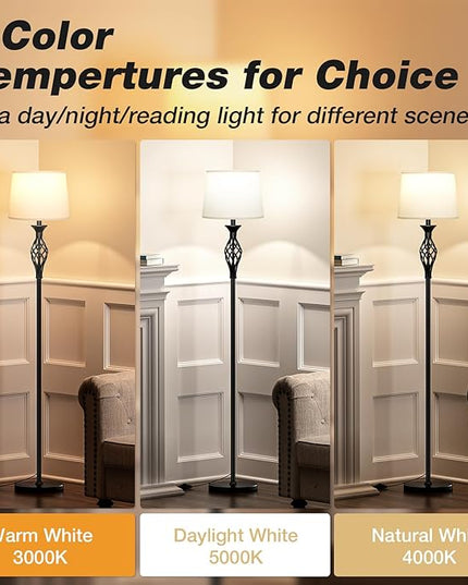 Ambimall Floor Lamps for Living Room - 3 Color Temperature Standing Lamp, Farmhouse Black Floor Lamp with White Shade, Vintage Modern Tall Light for Bedroom Office Corner(9W Bulb Included) - LeafyLoom