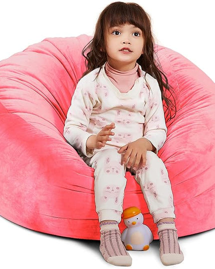 Bean Bag Chair Cover, Stuffed Animal Storage, Plush Toys Organizer Holder, Beanbag Chairs Cover for Kids Teans and Adults Super Soft and Comfortable Fabric X-Large with Handle and Zipper -Round Pink - LeafyLoom