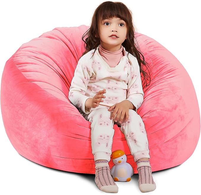 Bean Bag Chair Cover, Stuffed Animal Storage, Plush Toys Organizer Holder, Beanbag Chairs Cover for Kids Teans and Adults Super Soft and Comfortable Fabric X-Large with Handle and Zipper -Round Pink - LeafyLoom