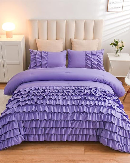 A Nice Night Waterfall Flutter Ruffle 3PCS Comforter Set,Chic Ruffled Textured Princess Bedding Set,Purple,Twin - LeafyLoom