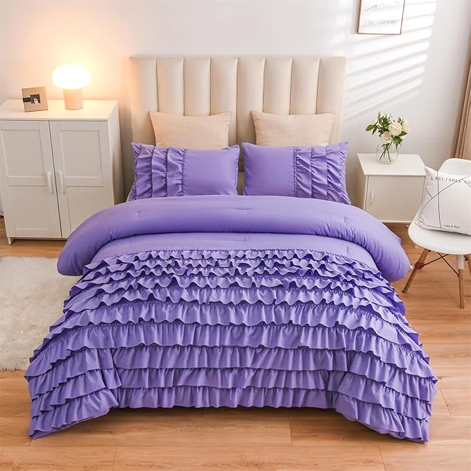 A Nice Night Waterfall Flutter Ruffle 3PCS Comforter Set,Chic Ruffled Textured Princess Bedding Set,Purple,Twin - LeafyLoom