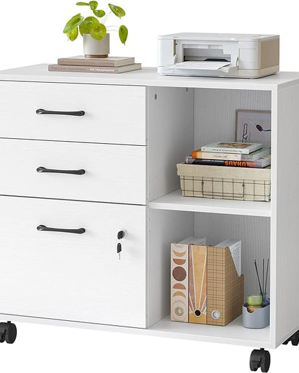 FEZIBO 3-Drawer Mobile File Cabinet, Lateral Filing Cabinet with Lock, Printer Stand with Open Storage Shelves for Home Office, Filing Cabinets for Home Office, White - LeafyLoom