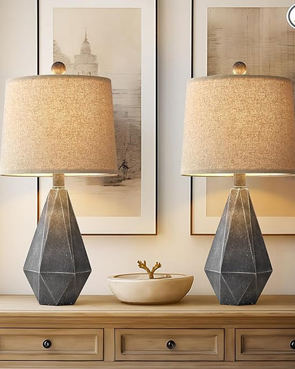 PoKat 20.25" Rustic Farmhouse Table Lamp Sets of 2 for Living Room Bedroom Deep Grey Contemporary Classic Bedside Nightstand Lamp with White Fabric Shade - LeafyLoom