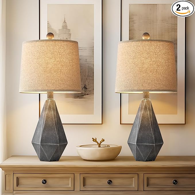 PoKat 20.25" Rustic Farmhouse Table Lamp Sets of 2 for Living Room Bedroom Deep Grey Contemporary Classic Bedside Nightstand Lamp with White Fabric Shade - LeafyLoom