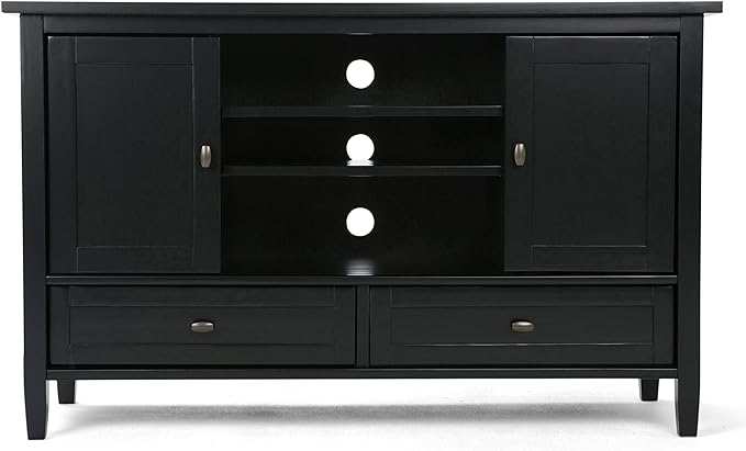 SIMPLIHOME Warm Shaker SOLID WOOD 47 Inch Wide Transitional TV Media Stand in Black For TVs up to 52 Inches, For The Living Room and Entertainment Center - LeafyLoom