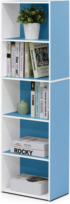 Furinno Luder Bookcase / Book / Storage , 5-Tier, White / Light Blue - LeafyLoom