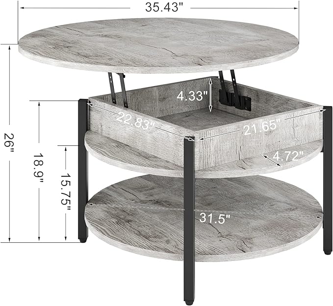 FABATO Round Lift Top Coffee Table, 35.43’’ Circle Coffee Table with Storage for Living Room Reception Room, Farmhouse 2 Tier Large Round Dining Table, Wood, Gray - LeafyLoom