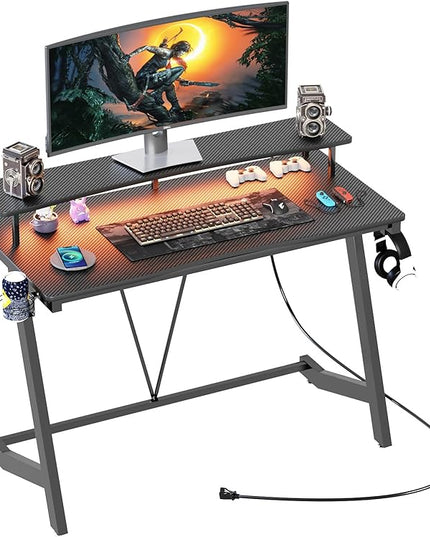 Gaming Desk with Power Outlets & Music Strip Lights,Computer Desk with Large Monitor Stand, PC Laptop Table for Small Spaces, Gamer Workstation with Cup Holder, Headphone Hook for Home Office - LeafyLoom