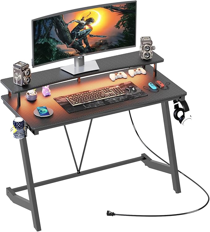 Gaming Desk with Power Outlets & Music Strip Lights,Computer Desk with Large Monitor Stand, PC Laptop Table for Small Spaces, Gamer Workstation with Cup Holder, Headphone Hook for Home Office - LeafyLoom