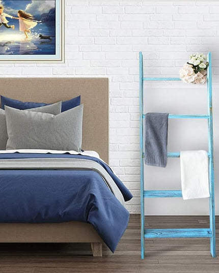 Honest Blanket Ladder for The Living Room, Decorative Wooden Quilt Ladder, 5-Tier Blanket Rack, Farmhouse Decor for Living Room Bedroom Bathroom, Blue - LeafyLoom