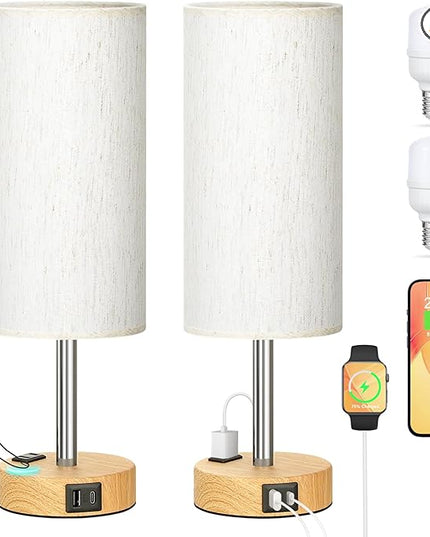 Touch Bedside Table Lamps Set - 3 Way Dimmable Bedroom Lamps Set of 2 with USB C and A Ports, Small Lamps for Nightstand with AC Outlet, Wood Base Round Flaxen Shade for Desk, Office, Dorm, Nursery - LeafyLoom