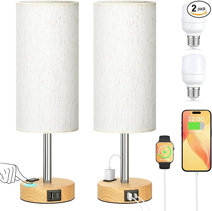 Touch Bedside Table Lamps Set - 3 Way Dimmable Bedroom Lamps Set of 2 with USB C and A Ports, Small Lamps for Nightstand with AC Outlet, Wood Base Round Flaxen Shade for Desk, Office, Dorm, Nursery - LeafyLoom