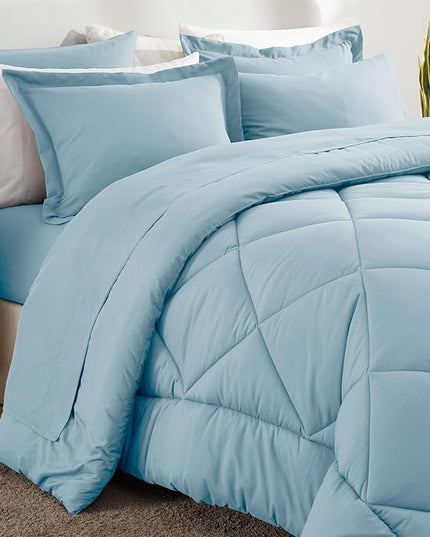 CozyLux Queen Bed in a Bag 7-Pieces Comforter Sets with Comforter and Sheets Light Blue All Season Bedding Sets with Comforter, Pillow Shams, Flat Sheet, Fitted Sheet and Pillowcases - LeafyLoom