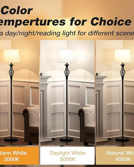 Vintage Floor Lamp with Linen Shade - 3 Color Temperature, Black, LED Bulbs, Foot Pedal Switch, Easy Assembly - LeafyLoom