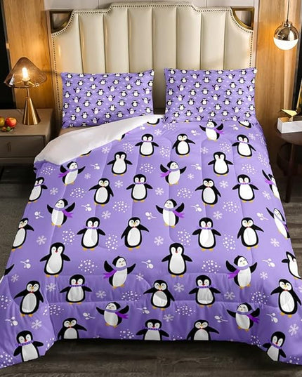 Penguin Comforter Set Twin Size Kawaii Penguin Down Comforter Antarctic Animal Bedding Set for Kids Boys Girls Teens Cartoon Cute Winter Quilt Set Snowflake Pattern Duvet Set Room Decor, Purple - LeafyLoom