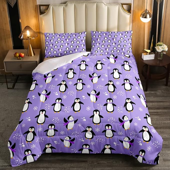 Penguin Comforter Set Queen Size Kawaii Penguin Down Comforter Antarctic Animal Bedding Set for Kids Boys Girls Teens Cartoon Cute Winter Quilt Set Snowflake Pattern Duvet Set Room Decor, Purple - LeafyLoom