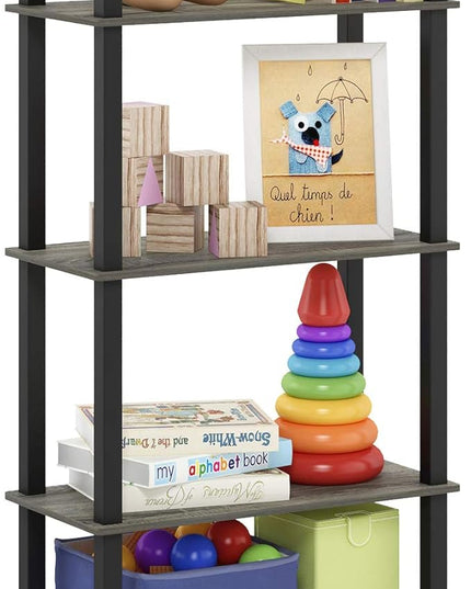 Furinno Turn-N-Tube 5-Tier Multipurpose Shelf / Display Rack / Storage Shelf / Bookshelf, Square Tubes, French Oak Grey/Black - LeafyLoom