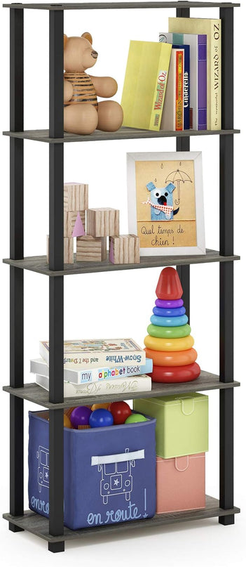 Furinno Turn-N-Tube 5-Tier Multipurpose Shelf / Display Rack / Storage Shelf / Bookshelf, Square Tubes, French Oak Grey/Black - LeafyLoom