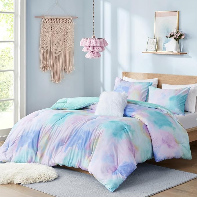 Intelligent Design Twin Comforter Set, Watercolor Twin Bedding Sets, Tie Dye Comforter Set for Teen Girl & Boys, 3 Pieces Cassiopeia Comforter, Sham, Throw Pillow Twin/Twin XL Pink/Blue - LeafyLoom