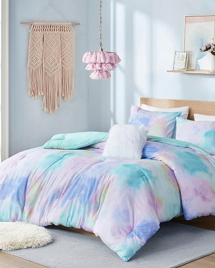 Intelligent Design Queen/Full Size Comforter Set, Watercolor Queen Bedding Sets, Tie Dye Comforter Set for Teen Girl & Boys, 4 Pieces Cassiopeia Comforter, Sham, Throw Pillow Full/Queen Pink/Blue - LeafyLoom