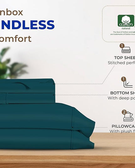 THREAD SPREAD 600 Thread Count Sheets Queen - 100% Egyptian Cotton Sheets Queen Size, 4 PC Luxury Sheets Queen Size, Ultra Soft Queen Sheets & Pillowcases Set, 16" Deep Pocket Cooling Sheet - Teal - LeafyLoom