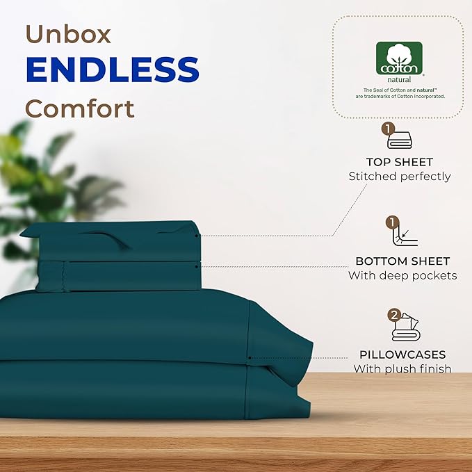 THREAD SPREAD Luxury Egyptian Cotton Sheets King Size - 600 Thread Count Sheets King 4 PC Luxury Sheets King Size, 16" Deep Pocket, Extra Soft, Cooling Sateen Weave Hotel Luxury Bed Sheets Set - Teal - LeafyLoom