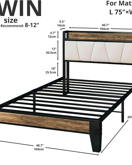 LIKIMIO Twin Bed Frames, Storage Headboard with Charging Station, Solid and Stable, Noise Free, No Box Spring Needed, Easy Assembly (Walnut and Beige) - LeafyLoom